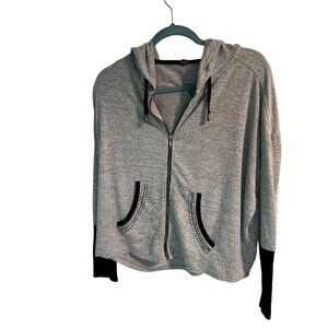 Womens Gray Zip-Up Hoodie With Black Accents & Rhinestone Pocket Details
